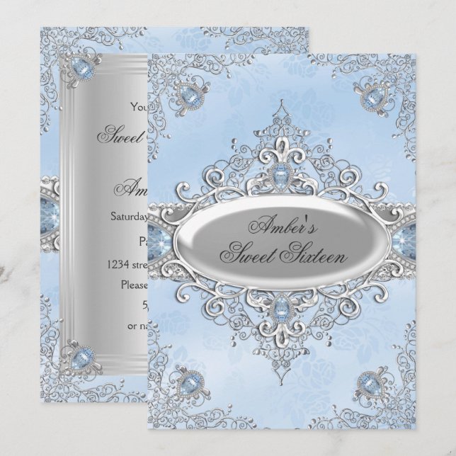 Invitation Dix-Seize Élégant Argent Damassé & Bijou Bleu (Devant / Derrière)