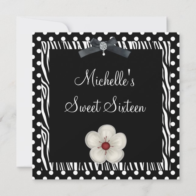 Invitation Dix-sept ans Anniversaire Noir Blanc Tache de Zèbr (Devant)