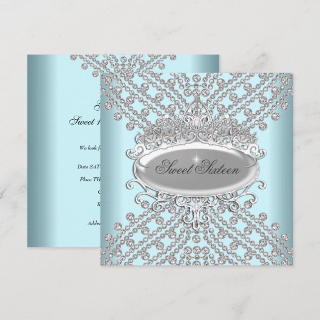 Invitation Dix-sept ans Anniversaire Turquoise Blanc Diamants (Devant / Derrière)