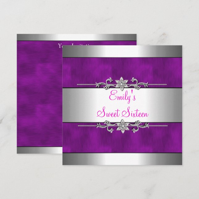 Invitation Dix-sept ans Anniversaire Violet Argent (Devant / Derrière)
