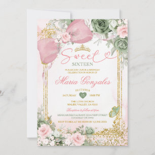 Invitation Dix-sept ans rose ruban floral vert sauge annivers