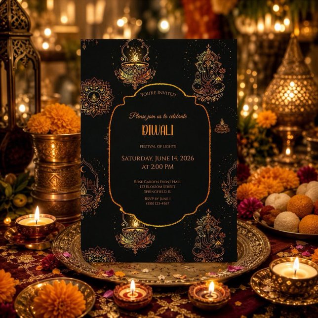 Invitation Diyas élégants Diwali noir et or (Créateur téléchargé)