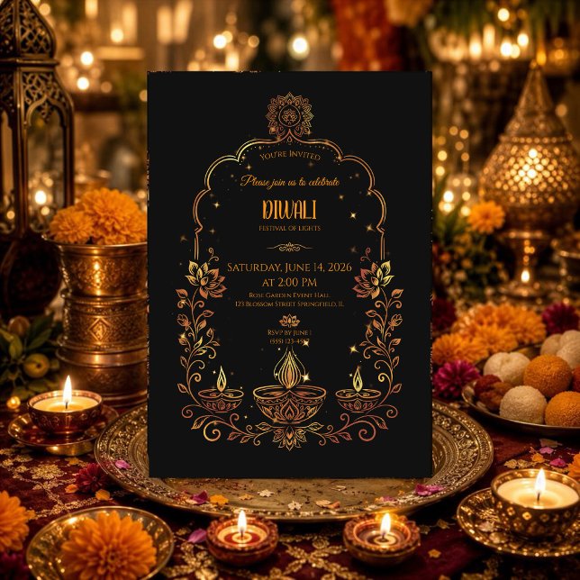 Invitation Diyas élégants Diwali noir et or  (Créateur téléchargé)