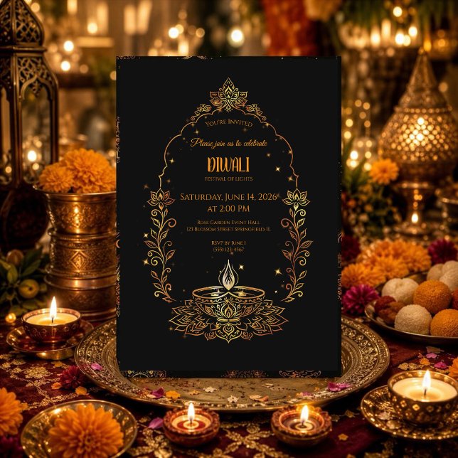 Invitation Diyas élégants Diwali noir et or (Créateur téléchargé)