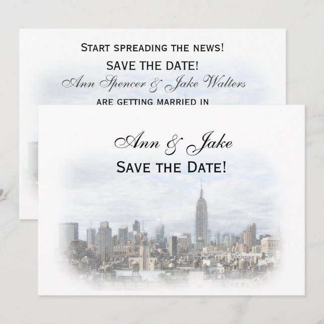 Invitation Dk Gris rêveur Skyline NYC Enregistrer la date H (Devant / Derrière)