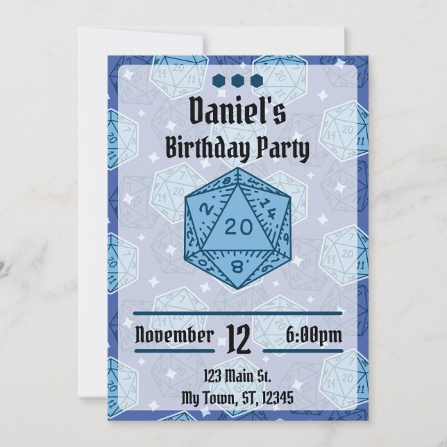 Invitation DnD Anniversaire Fête DnD D20 Blue Dice (Devant)