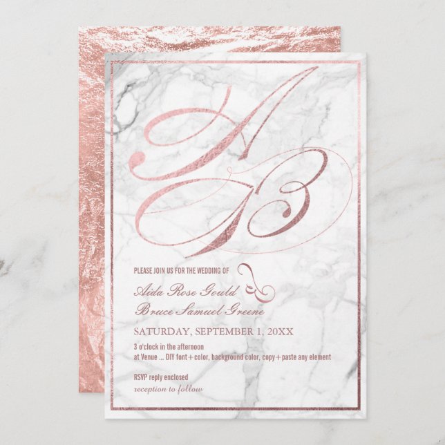 Invitation DO-IT-YOURSELF Couleur, Monogrammes, Faux Rose Gol (Devant / Derrière)