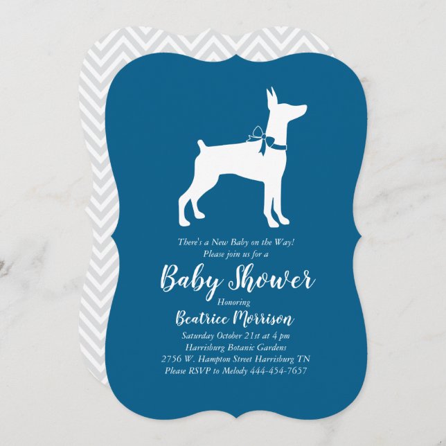 Invitation Doberman Pinscher Chien Baby shower Blue Boy (Devant / Derrière)