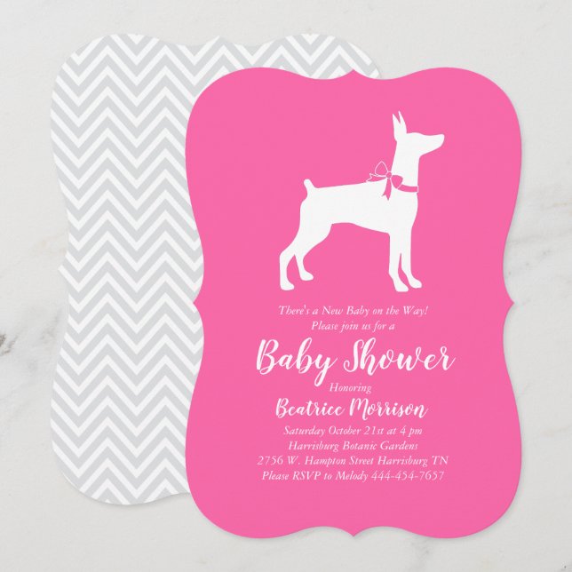 Invitation Doberman Pinscher Chien Baby shower fille rose (Devant / Derrière)