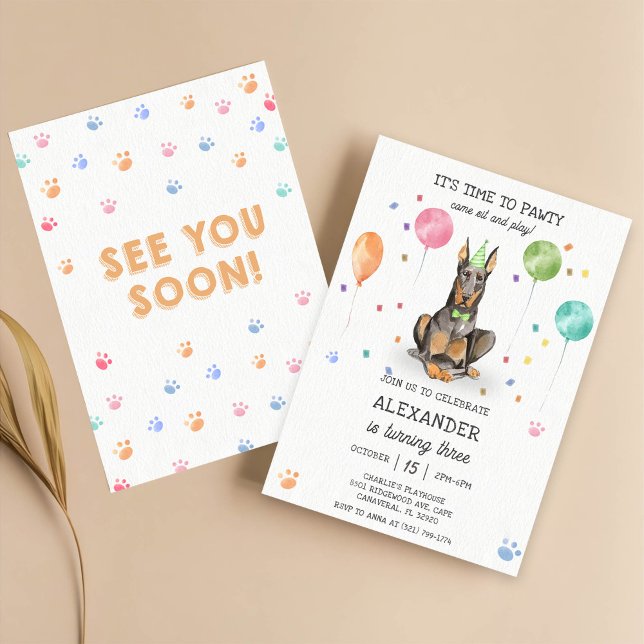 Invitation Dobermann Pawty Puppy Anniversaire rose (Créateur téléchargé)