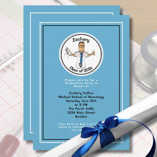 Invitation Docteur Cartoon Médicale pour lui Bleu Graduation