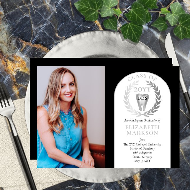 Invitation Docteur Chirurgie Dentaire Diplôme Photo (Black and Silver tone Photo Doctor of Dental Surgery "DDS" Graduation Announcement - Print | Digital)
