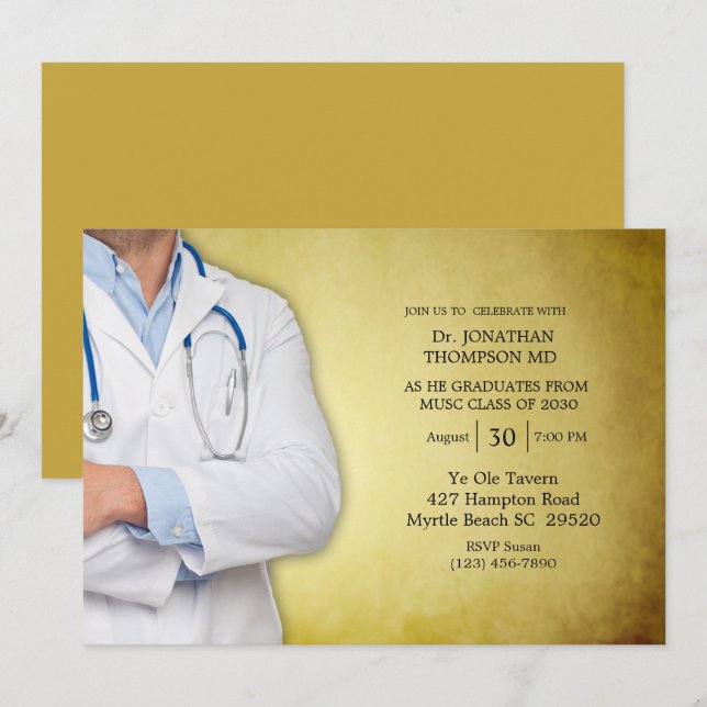 Invitation Docteur Graduation Party Gold White Coat (Devant / Derrière)