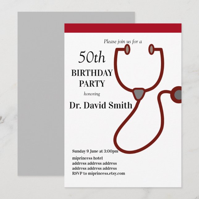 Invitation Docteur, Infirmière, anniversaire Médicale (Devant / Derrière)