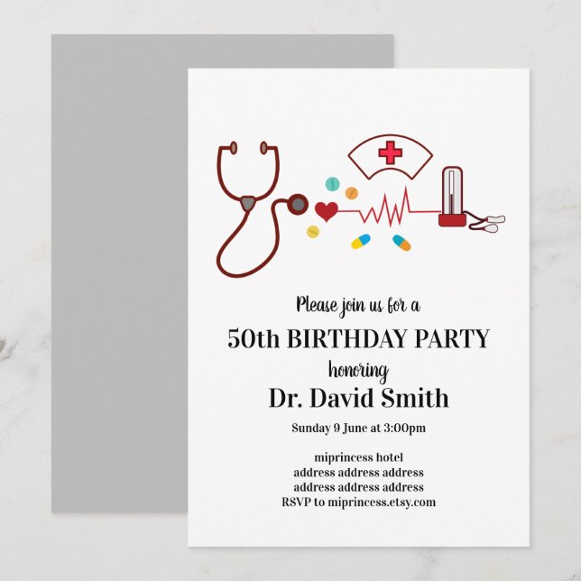 Invitation Docteur, Infirmière, anniversaire Médicale (Devant / Derrière)