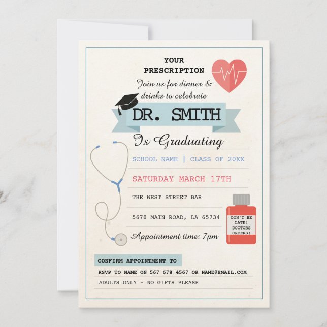 Invitation Docteur Prescription Dr Graduation Party Médicale (Devant)