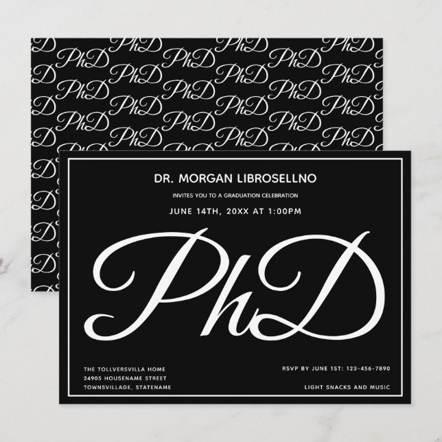 Invitation Doctorat Black Graduation Party (Devant / Derrière)