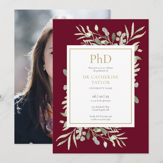 Invitation Doctorat Burgundy Green Graduation Photo (Devant / Derrière)