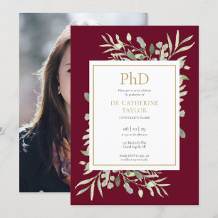 Invitation Doctorat Burgundy Green Graduation Photo