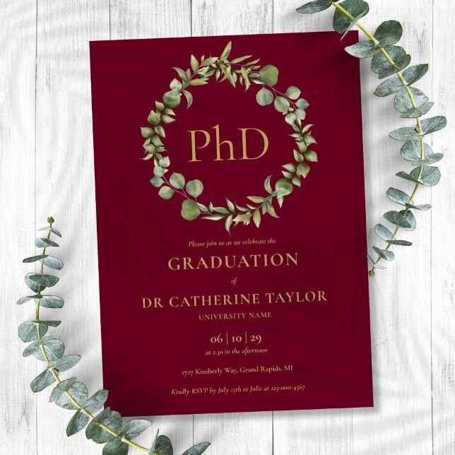 Invitation Doctorat Burgundy Red Garland Graduation Party (PhD Degree Burgundy Red Garland Graduation Party Invitation)