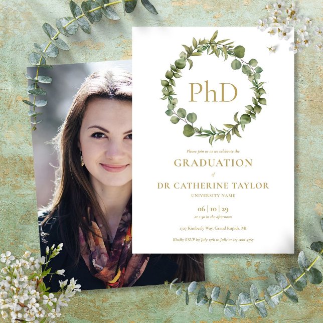 Invitation Doctorat Degré Elegant Garland Photo Party (PhD Degree Elegant Garland Photo Graduation Party Invitation)