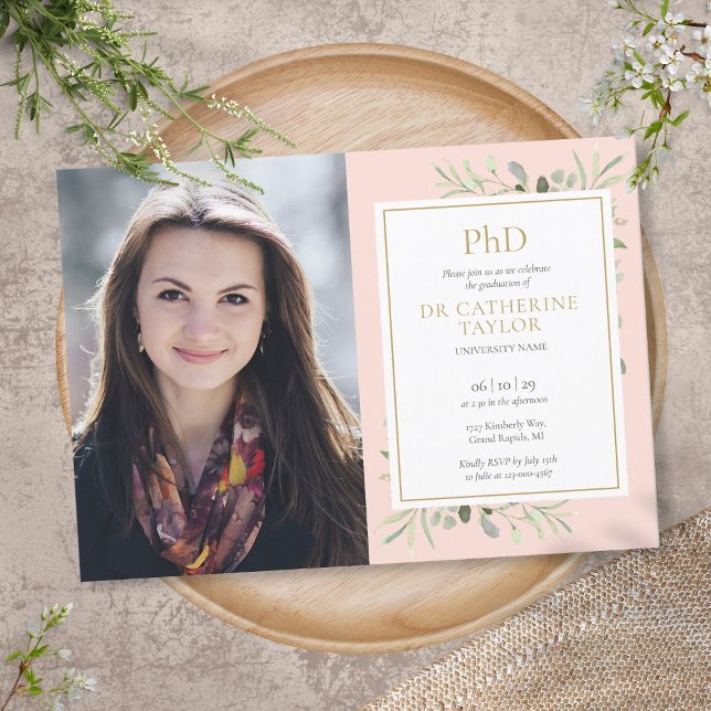 Invitation Doctorat Diplôme Blush Pink Greenery Graduation Ph (Créateur téléchargé)