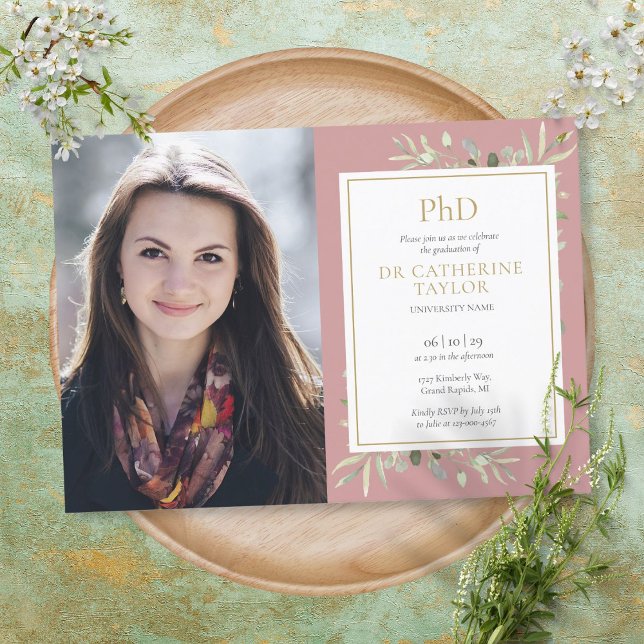 Invitation Doctorat Diplôme Dusty Rose Greenery Graduation Ph (Créateur téléchargé)