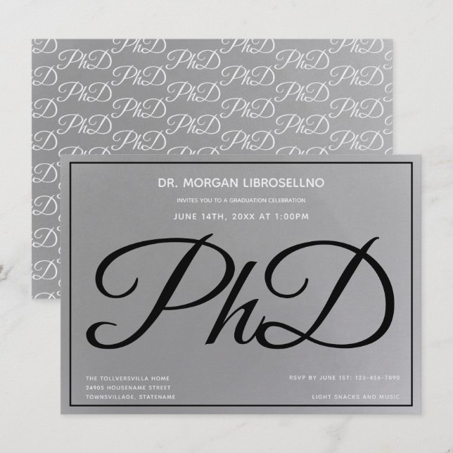 Invitation Doctorat Gray Silver Black Graduation Party (Devant / Derrière)