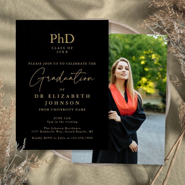 Invitation Doctorat Noir et Or Diplôme Photo Party (Black And Gold PhD Degree Photo Graduation Party Invitation)