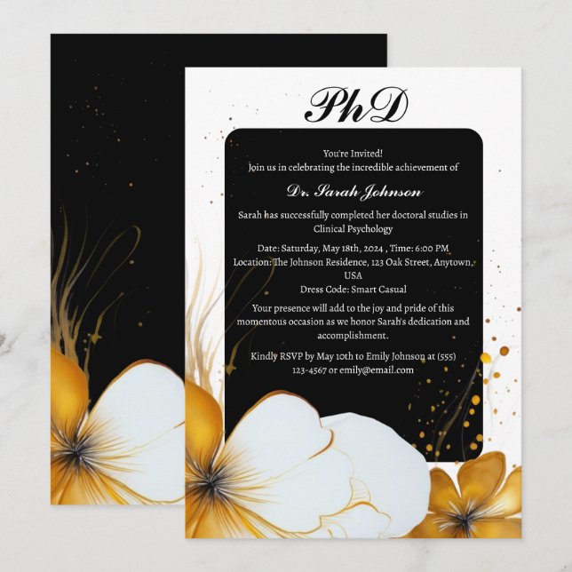 Invitation Doctorat noir et or ou doctorat (Devant / Derrière)