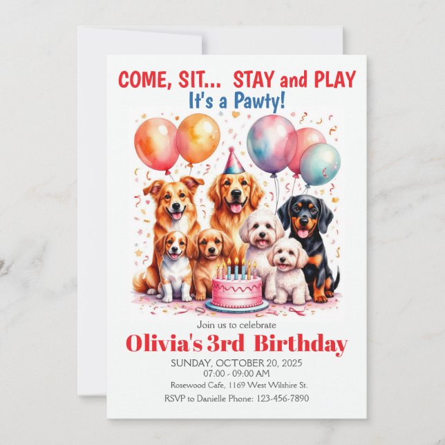 Invitation Dog Birthday Party Cute Puppy Kids Party (Devant)