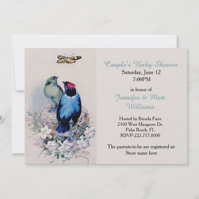 Invitation d'oiseaux Vintages au Baby shower de ni (Devant)