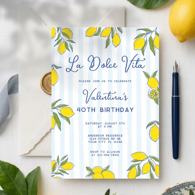 Invitation Dolce Vita Dessins de Citrons Bandes Bleues Annive (Créateur téléchargé)