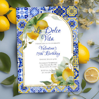Invitation Dolce Vita Italien Bleu Carreaux Or Citrons Annive