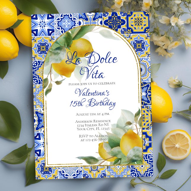 Invitation Dolce Vita Italien Bleu Carreaux Or Citrons Annive (Créateur téléchargé)