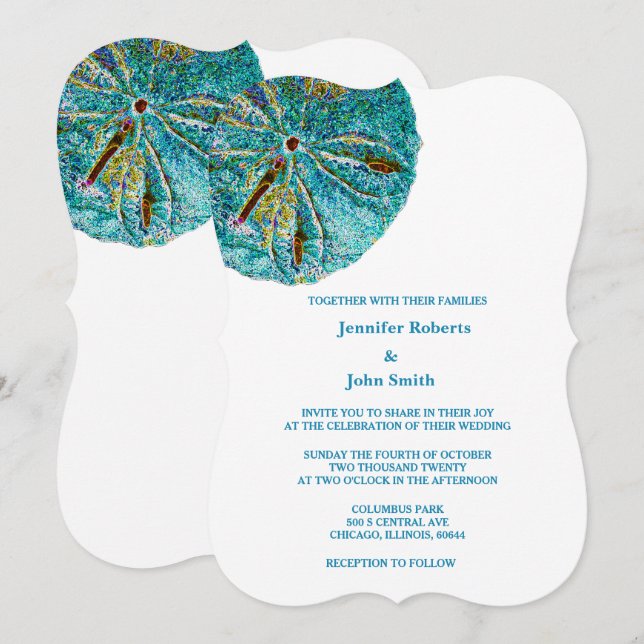 Invitation Dollar de sable Turquoise Artsy Beach Mariage naut (Devant / Derrière)