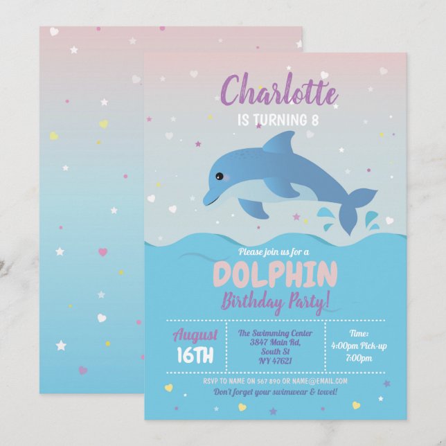 Invitation Dolphin Anniversaire Plage Filles Océan (Devant / Derrière)