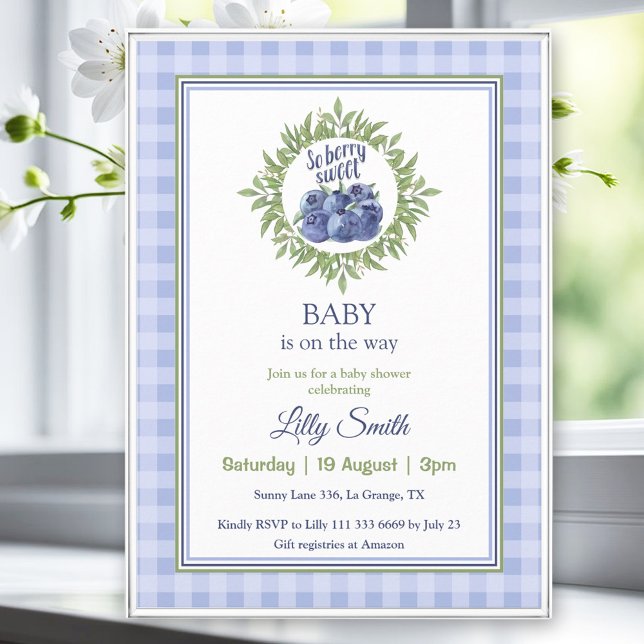 Invitation Donc Baby shower doux Berry Blueberry Blue Plaid (So Berry Sweet Baby Shower Blueberry Blue Plaid Invitation)