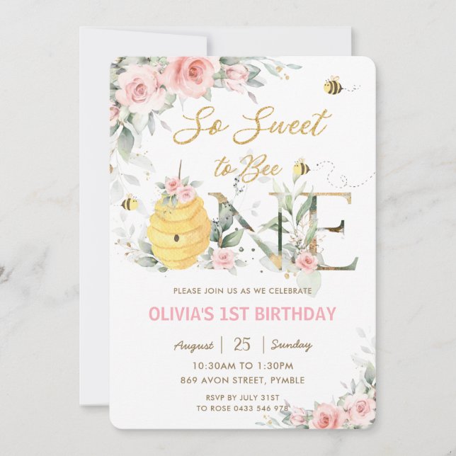Invitation Donc doux d'être une abeille rose florale 1er anni (Devant)