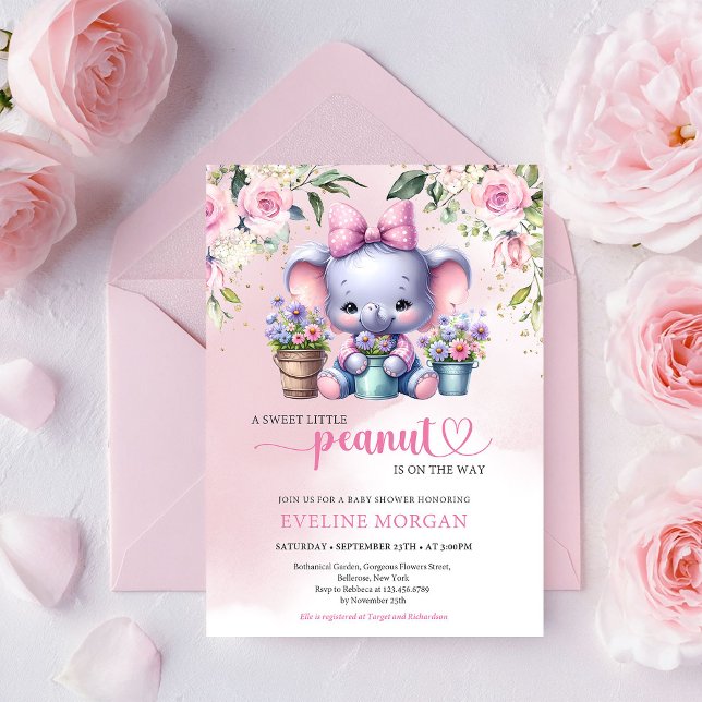 Invitation Donc mignon éléphant petit cacahuète pastel rose f (Sweet Little Peanut Girl Baby Shower Invitation Digital Editable Template)