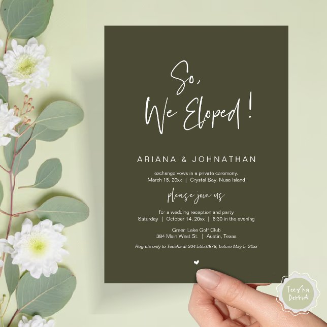 Invitation Donc, Nous Avons Été, Le Dîner Moderne Mariage Elo (So, We Eloped, Modern Wedding Elopement Dinner Invitation Card, PDF, in Olive Green)