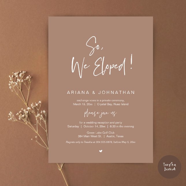 Invitation Donc, Nous Avons Été, Le Dîner Moderne Mariage Elo (So, We Eloped, Modern Wedding Elopement Dinner Invitation Card, PDF, in Taupe Earthy)