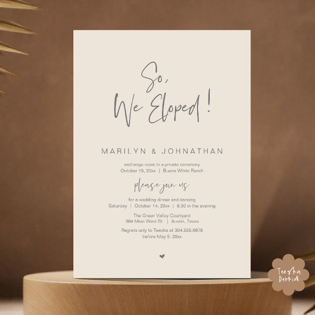 Invitation Donc, Nous Avons Été, Le Dîner Moderne Mariage Elo (So, We Eloped, Modern Classy Wedding Elopement Dinner Party Invitation Card PDF Cream Grey)