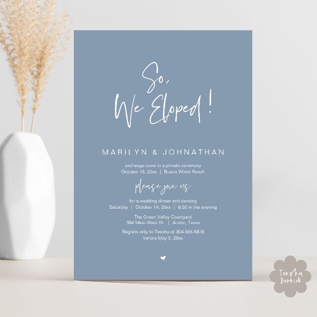 Invitation Donc, Nous Avons Été, Le Dîner Moderne Mariage Elo (So, We Eloped, Modern Classy Wedding Elopement Dinner Party Invitation Card PDF Dusty Blue)