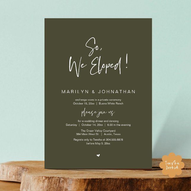 Invitation Donc, Nous Avons Été, Le Dîner Moderne Mariage Elo (So, We Eloped, Modern Classy Wedding Elopement Dinner Party Invitation Card PDF Olive Green Greenery)