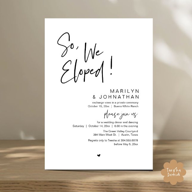 Invitation Donc, Nous Avons Été, Le Dîner Moderne Mariage Elo (So, We Eloped, Modern Classy Wedding Elopement Dinner Party Invitation Card PDF Black White)