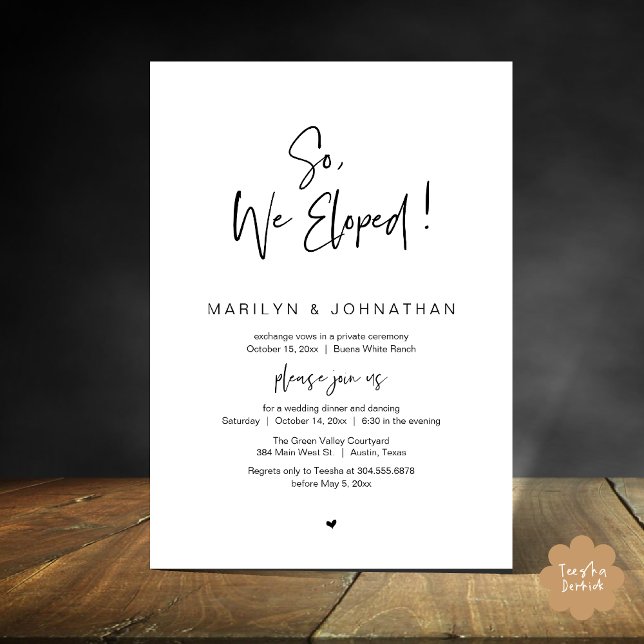 Invitation Donc, Nous Avons Été, Le Dîner Moderne Mariage Elo (So, We Eloped, Modern Classy Wedding Elopement Dinner Party Invitation Card PDF Black White)