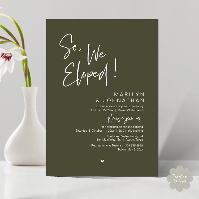 Invitation Donc, Nous Avons Été, Le Dîner Moderne Mariage Elo (So, We Eloped, Modern Classy Wedding Elopement Dinner Party Invitation Card PDF Olive Green Greenery)