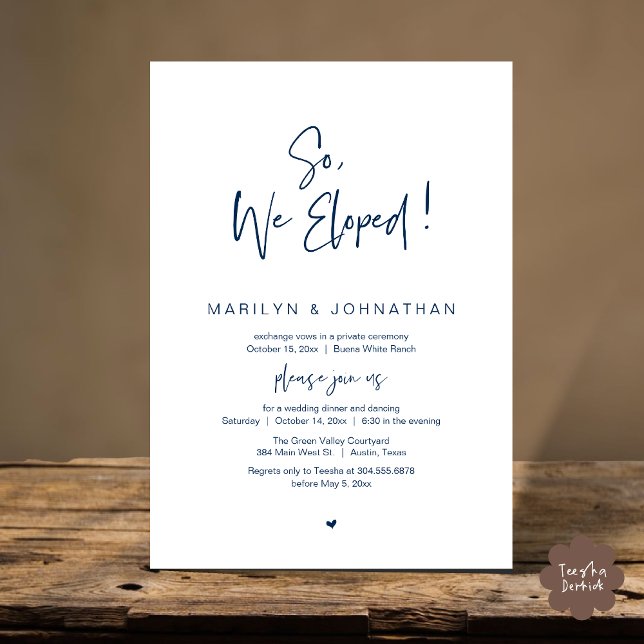 Invitation Donc, Nous Avons Été, Le Dîner Moderne Mariage Elo (So, We Eloped, Modern Classy Wedding Elopement Dinner Party Invitation Card PDF Navy Blue)