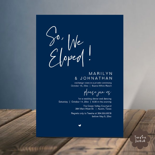 Invitation Donc, Nous Avons Été, Le Dîner Moderne Mariage Elo (So, We Eloped, Modern Classy Wedding Elopement Dinner Party Invitation Card PDF Navy Blue)